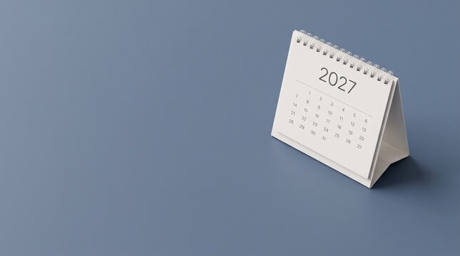 Close up of desk calendar year 2027 on blue background with copy space for planning concept.