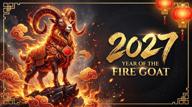 fire goat standing on mountain rock surrounded by flames beside golden 2027 text on black background, concept of chinese zodiac and lunar new year celebration