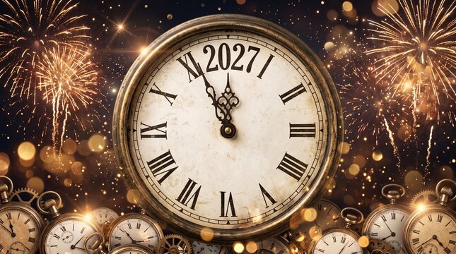 2027 New Year with clock counting down to midnight with golden background and fireworks