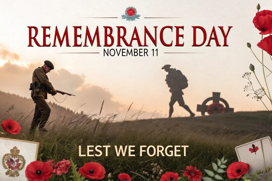 Remembrance Day November 11 Memorial Poster With Soldier Helmet And Red Poppies