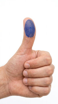 Blue Fingerprint Thumbprint on Hand Showing Thumbs Up Gesture Identity Concept