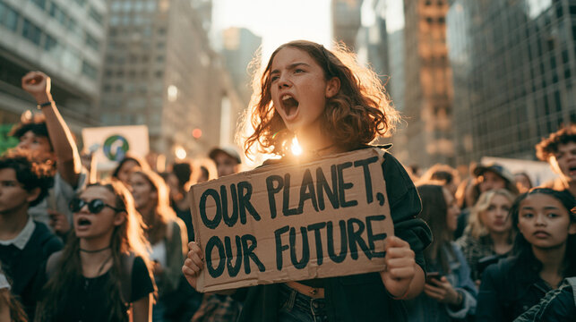 Young Activist Holding Climate Protest Sign in City Street