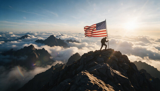 Climber Holding American Flag on Mountain Summit at Sunrise