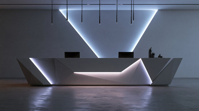 Modern Futuristic Corporate Reception Desk in Office Lobby