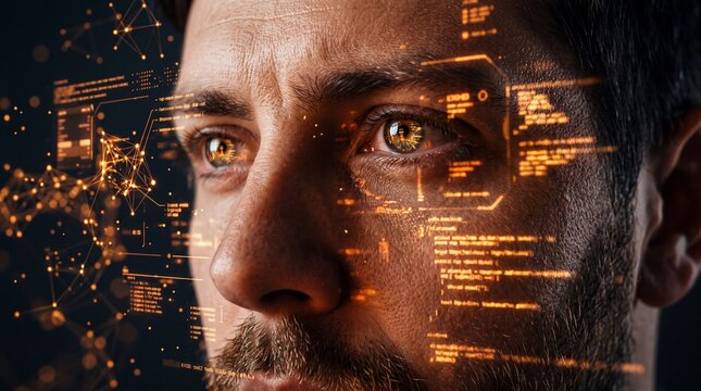 Man Face with Biometric Facial Recognition Interface Overlay
