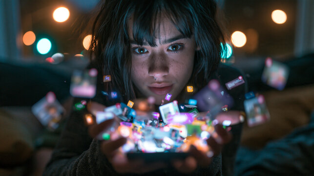 Woman Looking at Glowing Holographic Icons Floating from Smartphone
