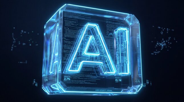 AI Symbol Glowing Inside Futuristic Glass Digital Cube