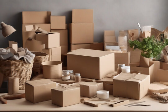 Cardboard boxes stacked on table for small business use