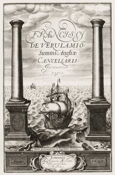 Title page of Novum organum scientiarum, a philosophical work by Sir Francis Bacon or Baron Baco of Verulam, Lord Verulam and the Viscount St. Albans, 1561, 1626, English lawyer, statesman, essayist, historian, intellectual reformer, philosopher and scientist