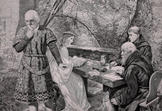 Wolfram von Eschenbach was a German knight and poet who is considered one of the greatest epic poets of medieval German literature, here he dictates Parzival, Historical, digitally restored reproduction of a 19th century original