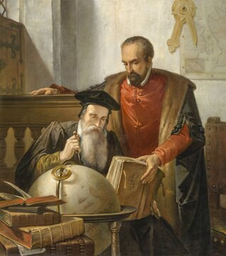 The cartographers Gerhard Mercator and Abraham Ortelius at work, digitally edited based on a historical painting by Joseph Bellemans