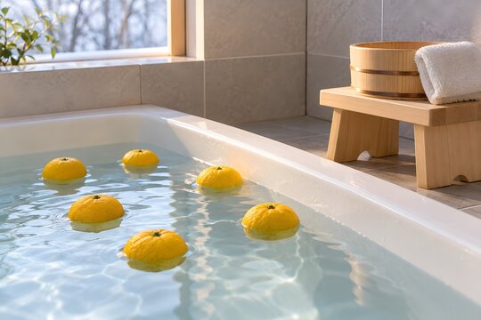 冬至の習慣を表す柚子風呂の準備風景