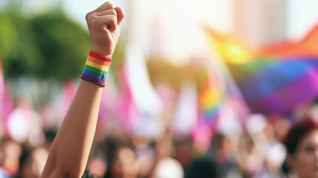 Raised fist wearing a rainbow wristband in a vibrant crowd during a pride event symbolizing unity and support for lgbtq+ rights and equality