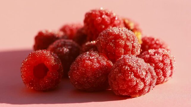 Fresh red raspberries glistening with tiny droplets on a soft pink background, a juicy close-up evoking summer sweetness and fruity freshness