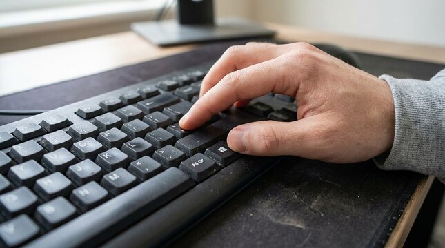Hand pressing a keyboard shortcut to lock a screen, workstation lock and data security habit