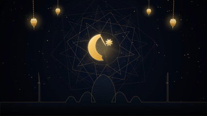 Elegant Islamic Ramadan background with golden crescent moon, hanging lanterns, and geometric patterns © homydesign