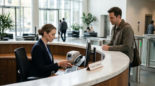 Receptionist checking a visitor ID at a front desk, identity verification and lobby security
