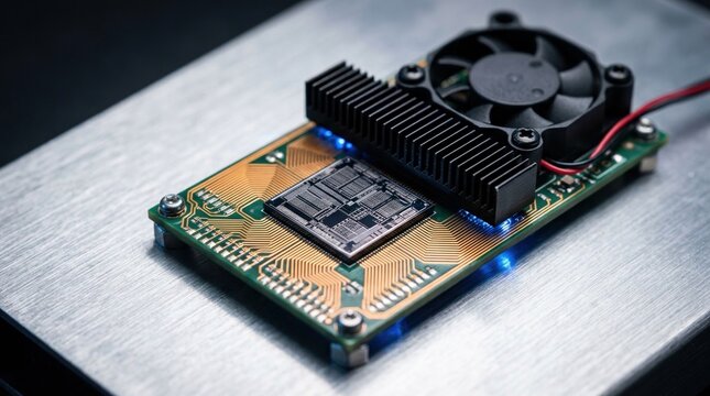 Silicon die with copper traces, low profile heatsink, and cooling fan for energy efficient chip architecture.