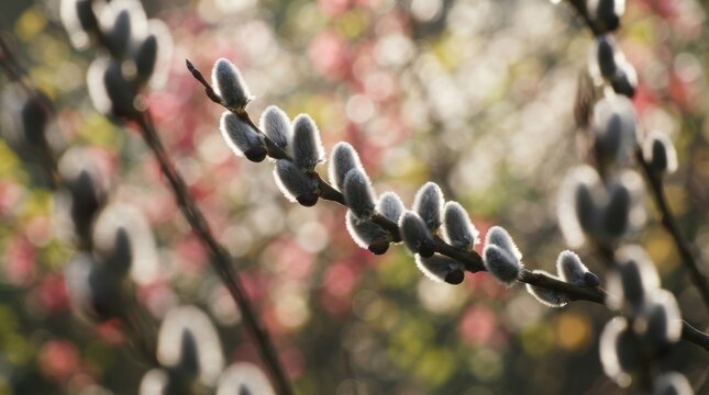 Pussy willow catkins on branch with silvered buds and blurred flowering hedge