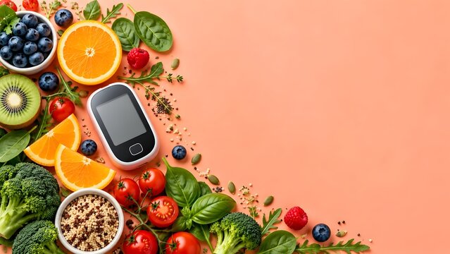 Flat lay composition of fresh fruits vegetables and quinoa surrounding a blood glucose monitor on a peach background for healthy diabetes care