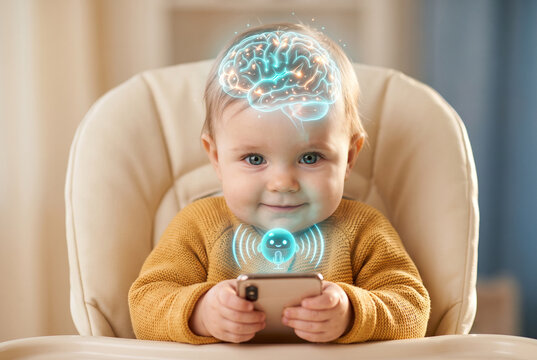 baby in high chair holding smartphone with glowing brain hologram above head and AI voice assistant robot, showcasing concept of early child brain development, cognitive learning and smart technology 