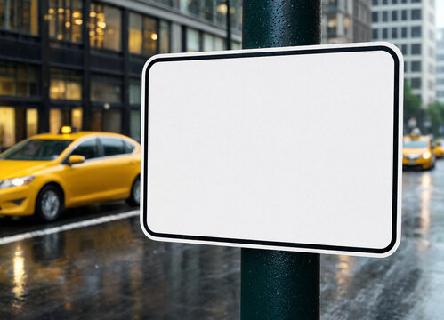 Blank white sign mounted on a post in a rainy city street with yellow taxis