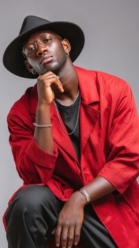 Stylish man in red coat and black hat sits thoughtfully. He wears glasses and layered necklaces, exuding cool confidence. Hand resting near chin, expression calm and introspective