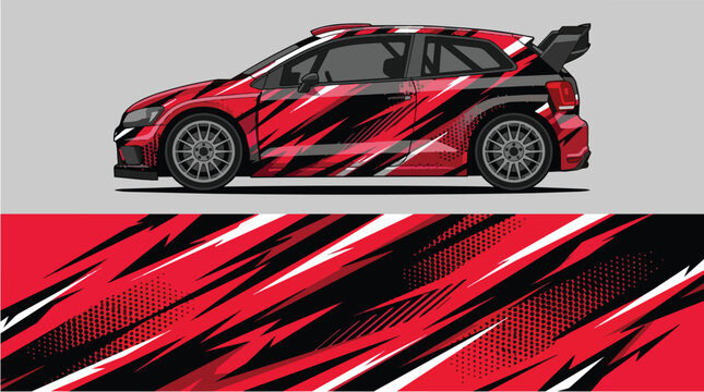 Car Wrap Design with Aggressive Racing Livery in Red Black and White