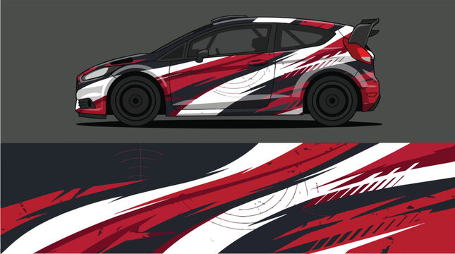 Car Wrap Design with Aggressive Racing Livery in Red White Black