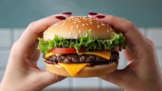 Hands holding fresh juicy cheeseburger with lettuce tomato and cheese
