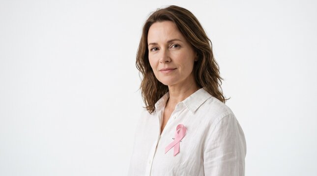 A woman with a determined expression wears a pink ribbon on her white shirt, symbolizing breast cancer awareness