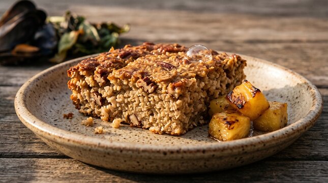 Golden oatmeal and brown rice bake with toasted pecans