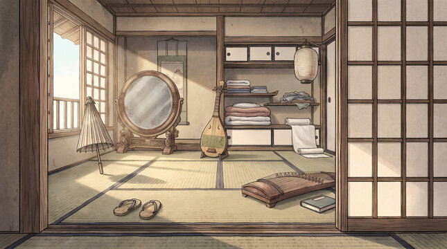 Bright daytime view of a tidy traditional Japanese tatami room with sleeping tsukumogami object spirit items. Unfolded umbrella, dormant lute, stacked futon, silent koto in peaceful daylight.