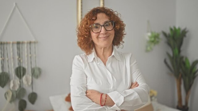 Hispanic woman with glasses and arms crossed in studio setting, smiling amid macrame wall hanging, bed and plants; confidence presence.