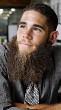Young man with thick, curly beard and short hair. He gazes upward with a calm, thoughtful expression. Dressed in formal attire, he leans on a surface