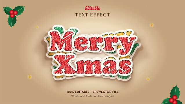 Kids crayon Christmas editable text effect with cherry red scribble letters, pine green and gold echo layers