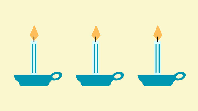Three Candles with Orange Flames on Turquoise Candle Holders on Cream Yellow Background
