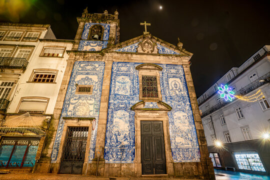 Ornate Blue-Tiled Church Entrance at Night