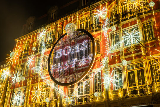 Boas Festas Sign among Christmas Lights