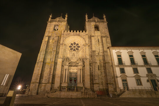 Porto Cathedral Towers and Rose Window at Night