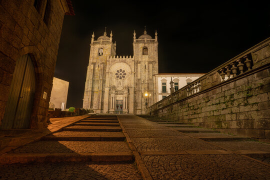 Porto Cathedral beside Stone Steps at Night