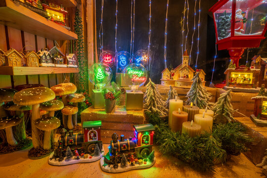 Colorful Christmas Displays in a Shop Window