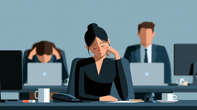 Faceless three tired office workers at their workstations, burnout concept, with copy space