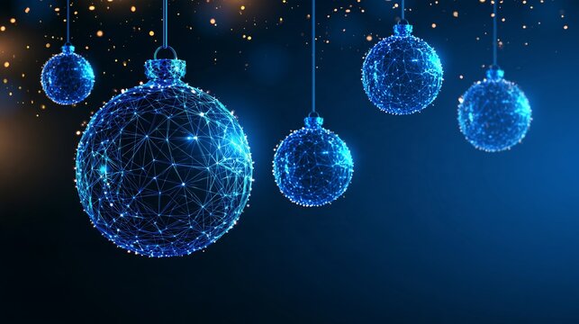 Wireframe Christmas balls hang as digital decorations for Christmas and New Year 2026 Generative AI