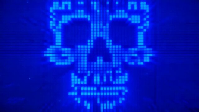 青いデジタルブロックが立体的に組み合わさって描かれた骸骨のシンボルがコンピュータウイルスの恐怖を物語るグラフィック空間
