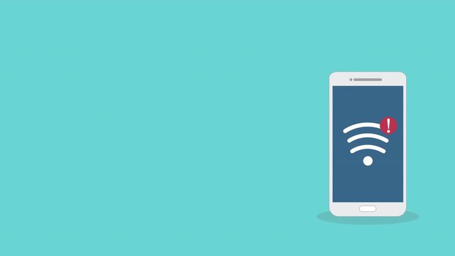 No Wi-Fi on smartphone with warning sign. 4K animation of a mobile phone showing wireless connection error, no internet, offline and network problem concept