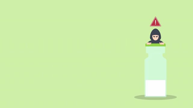 Fake peptide vial. Peptide with criminal selling illegal drugs. Fake drugs, pharmaceutical. Symbolic for harmful counterfeit pills, risk and danger of illegal produced and sold pharmaceuticals.