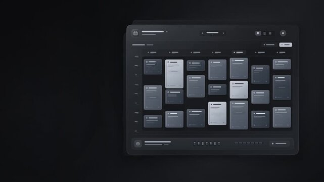 Animated dark mode calendar schedule dashboard with moving task cards motion graphic