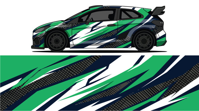 Car Wrap Design with Camouflage Racing Livery in Green Blue and Gray