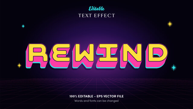 Rewind 80s synthwave editable text effect, sunny yellow caps with hot magenta extrusion and cyan echo